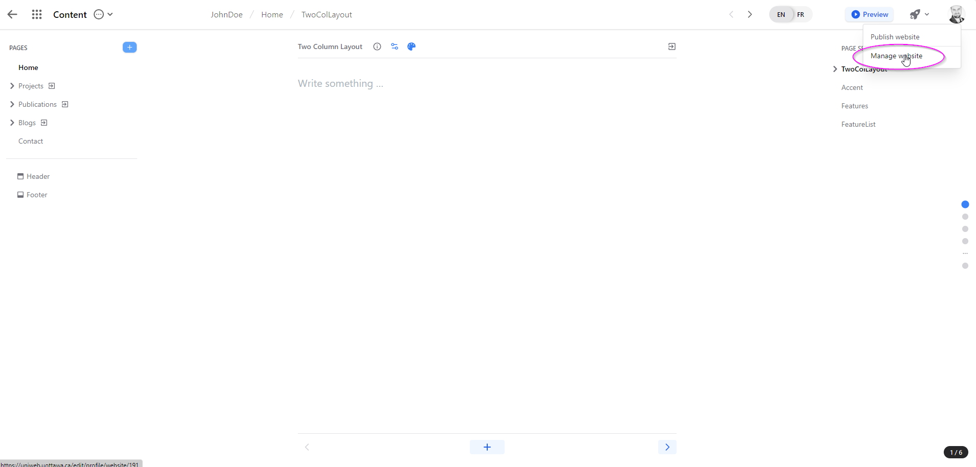 Manage website option