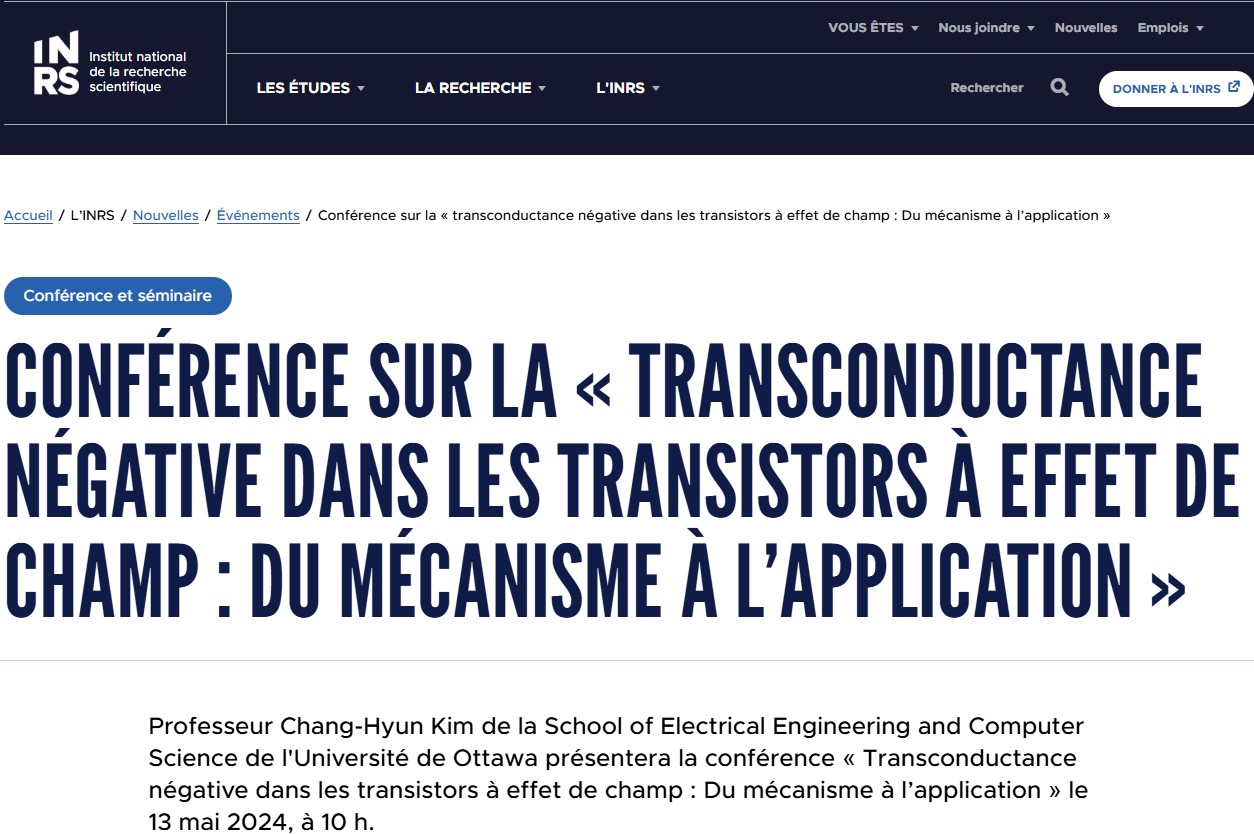 Prof. Kim delivering a seminar organized by Prof. Emanuele Orgiu at INRS, Varennes, Canada (2024-05-13)