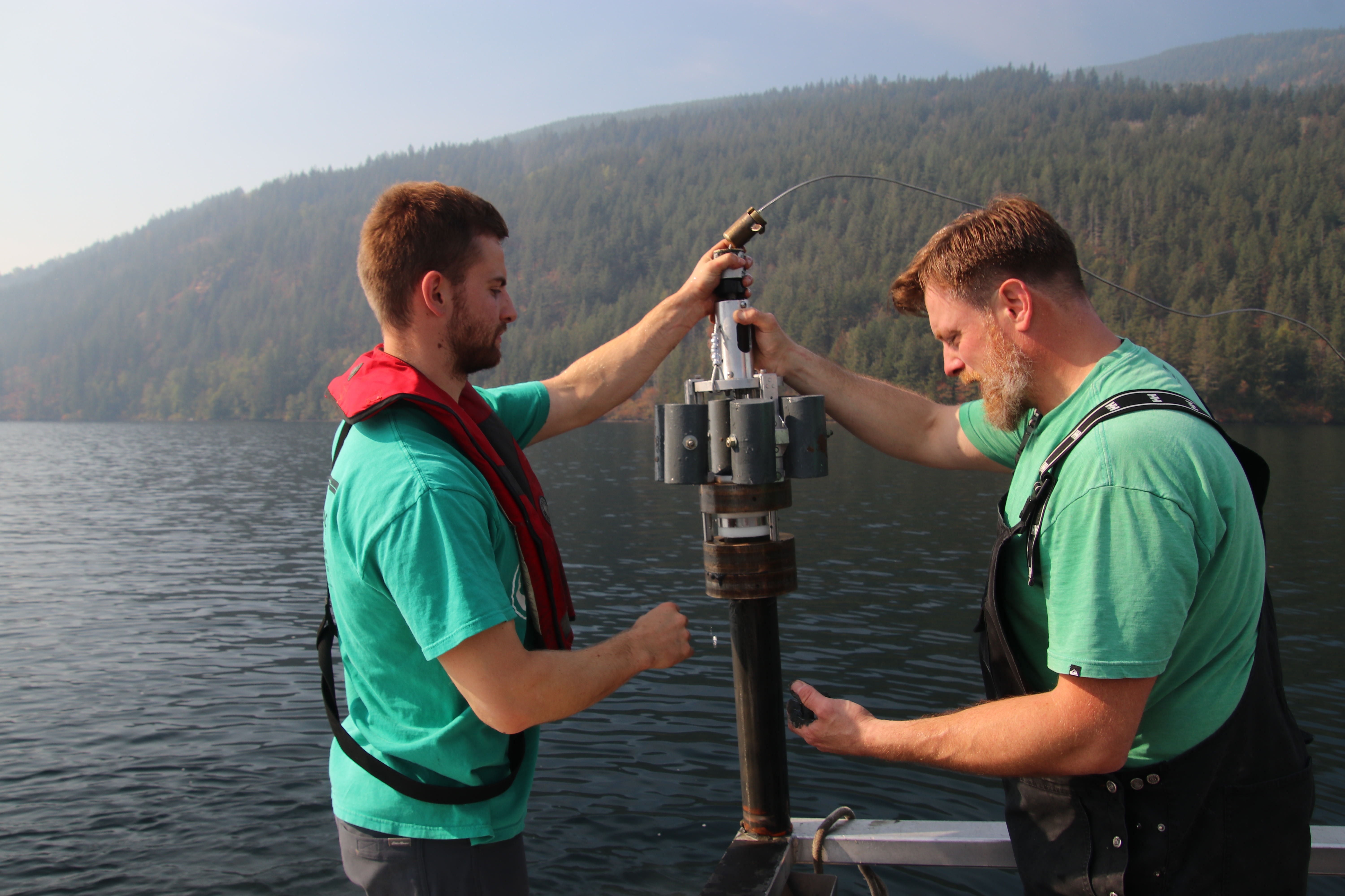 Collecting a sediment core on Cultus Lake
